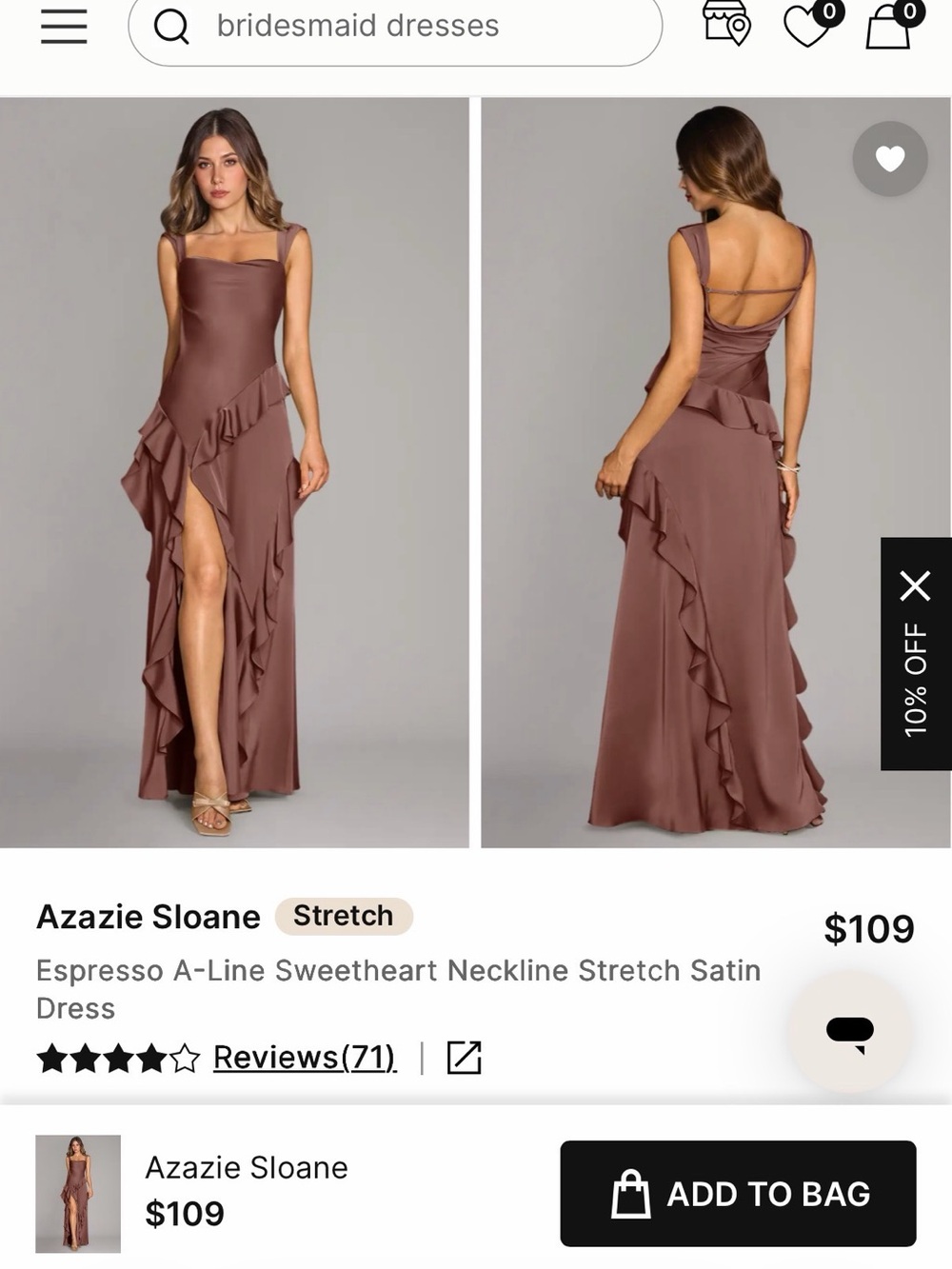 Azazie Sloane Espresso Ruffle-Detail Satin Gown